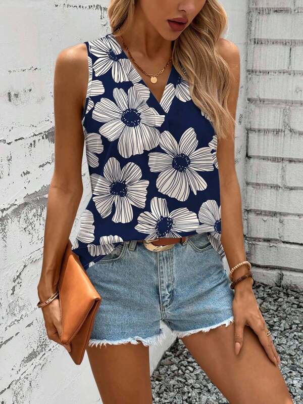 SHEIN LUNE Women's Casual Floral Print Loose Tank Top, Suitable For Summer Vacation & Outdoor Activities