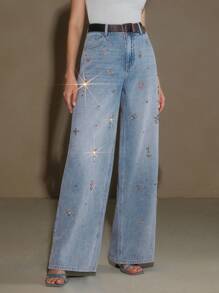 Anewsta 水钻装饰休闲百搭女式阔腿牛仔裤，日常穿着 - 白色 - 查看 5