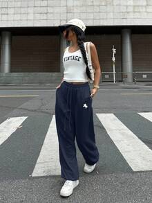 SHEIN EZwear 女士海军蓝色刺绣口袋抽绳腰部休闲运动裤 - 藏蓝色 - 查看 5