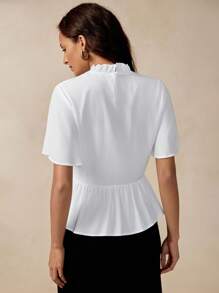 Florisole Women's Elegant White Lace Panel Blouse, Featuring A Sophisticated Semi-Sheer Design, Ruffled Stand Collar, And Stylish Short Sleeves With A Flattering Peplum Hem. All White - White - View 4