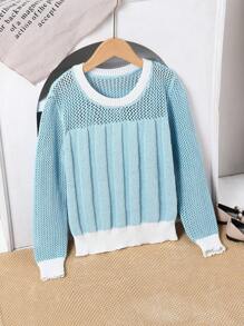 Minimalist Crew Neck Loose Cable Knit Long Sleeve Sweater For Everyday Wear, Autumn/Winter Pastel Sweater Blue And White Sweater - Blue - View 6