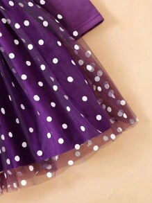 SHEIN Perso Play Kleine Mädchenkleid mit lila Mesh-Überlagerung, süßes Muster Druckdekor Puffärmel, essentiell für tägliche Ausflüge im Herbst