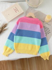 SHEIN 女童条纹长袖针织毛衣，现代简约设计 - 黃色 - 查看 2
