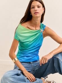 Nöista Ombre One-Shoulder Top In Ocean Green And Blue With Starfish Brooch Detail. A Vibrant Pick For Beach Parties, 4th Of July, Or Summer Vacation Looks! - Multicolor - View 1