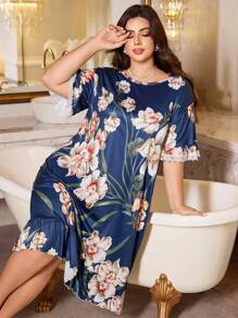 LuxeNights 花卉印花圆领荷叶边袖口加大码睡袍 - 藍色 - 查看 1