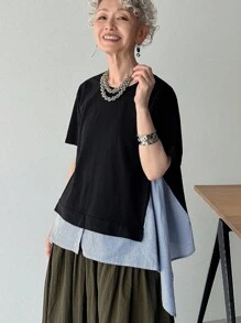FRIFUL Women's Round Neck Patchwork Striped Asymmetric Hem Loose Casual Versatile Short Sleeve T-Shirt - Black - View 1