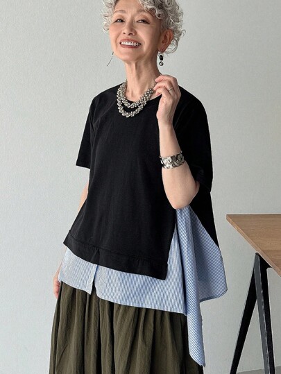 FRIFUL Women's Round Neck Patchwork Striped Asymmetric Hem Loose Casual Versatile Short Sleeve T-Shirt