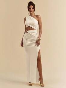 SHEIN BAE 白色不对称领口褶皱修身高开衩白色连衣裙，海滩度假白色连衣裙，波西米亚连衣裙，春夏 - 杏色 - 查看 3