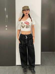 SHEIN Pantalones de carga de adolescentes con decoración de rayas de contraste, cómodos, de tiro medio y estilo minimalista casual suelto - Negro - Ver 5