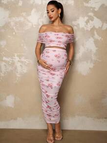 MaterniChic 孕妇优雅花卉印花露肩短款上衣和修身褶饰半身裙两件套，夏季 - 粉色 - 查看 3