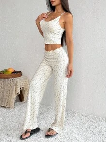 SHEIN PETITE 2 pièces Set débardeur et pantalon large, tenue de détente à imprimé floral digital, Printemps/Été