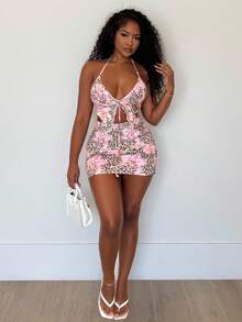 Alexandranx 2 chiếc/bộ áo hở lưng cổ chữ V in họa tiết hoa báo cho nữ và chân váy mini nhún bèo, thiết kế dự tiệc gợi cảm cho kỳ nghỉ thường ngày vào mùa xuân và mùa hè - Nhiều màu - Xem 5