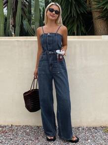 Livesso 女式夏季无袖口袋宽腿宽松牛仔连体裤 - 藍色 - 查看 1