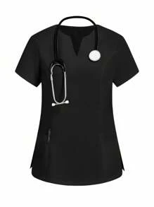TaskEZ 女式缺口领短袖上衣和松紧腰裤护理手术服套装 - 黑色 - 查看 3
