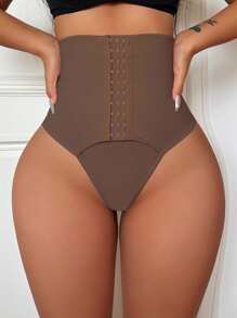 SHEIN Women's High-Waisted Tummy Control Shapewear Panty With Hook-And-Eye Closure - Mocha Brown - View 6