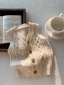 SHEIN Baby/Toddler Unisex Sleeveless V-Neck Knit Cardigan Vest, Soft, Comfortable, Versatile For Casual Wear, Suitable For Indoor, Outdoor, Daily, Sports, Play, Party, Photo Shoot, Festival, Halloween, Spring/Summer/Autumn/Winter Fall
