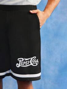 PEPSI X SHEIN 男士休闲字母印花斜口袋短裤，夏季 - 黑色 - 查看 4