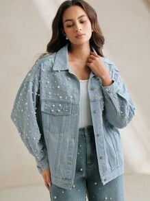 Anewsta Elaire 时尚休闲水洗做旧牛仔夹克，带铆钉和串珠装饰 - 淺色水洗藍 - 查看 3