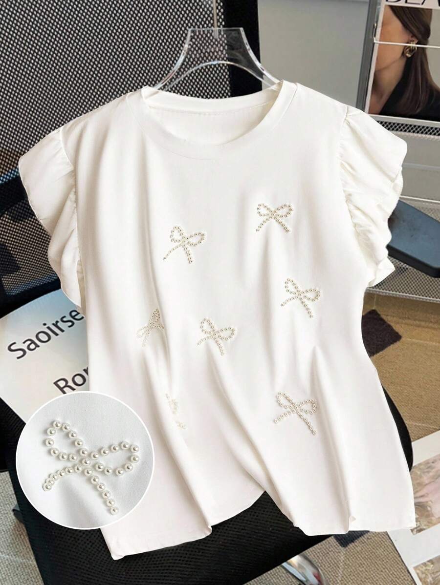 SHEIN Clasi Plus Size Women Faux Pearl Bow Ruffle Sleeve Loose T-Shirt - White - View 1
