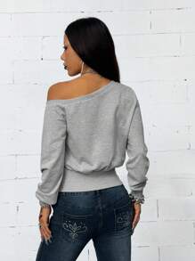 Coolane Women's Fall Y2K Streetwear Casual Going Out Minimalist Daily Wear Essentials Fashion Asymmetrical Neck Grey Fitted Sweatshirt - Grey - View 5