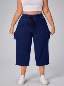 Flexra 大码女式抽绳腰锥形七分牛仔裤 - 藍色 - 查看 3