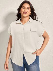 SHEIN LUNE Plus Size Summer Casual Solid Color Batwing Sleeve Shirt - Black - View 3