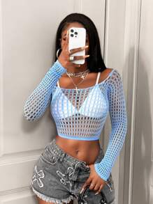 BamGleam 女士镂空网眼短款上衣，露肩