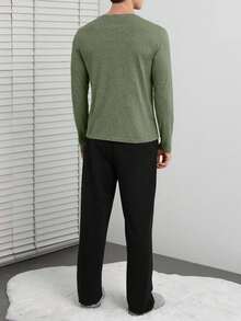 EURMUSE Conjunto de pijama con top de manga larga estampado y pantalón de unicolor para hombre - Verde militar - Ver 2
