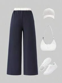SHEIN Pantaloni sport casual personalizați cu imprimeu color block pentru fete preadolescente, culori vibrante, decor grafic cu cifre, croială lejeră pentru sport și ținute casual, perfecți pentru vară