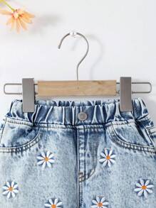 Pantaloni scurți din denim pentru fete, cu imprimeu amuzant cu spirit școlar, casual, versatili, drăguți, cu tiv decorativ uzat, albaștri