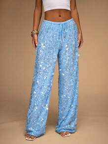 SHEIN BAE Quần ống rộng đính sequin cạp trễ dành cho nữ, thích hợp cho kỳ nghỉ ở bãi biển, mùa hè - Màu xanh nhạt - Xem 6
