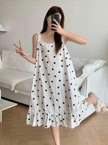 DAZY 满身心形印花女士细肩带荷叶边睡裙睡衣 - 白色 - 查看 3