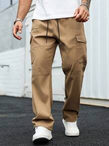 Manfinity Homme Quần Cargo cạp chun màu trơn đơn giản có túi nắp cho nam - Màu Khaki - Xem 6