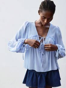 Maija 女式蓝色夏季 V 领蝴蝶结前褶边下摆灯笼袖宽松休闲短上衣，时尚可爱夏威夷海滩风格 - 淺藍色 - 查看 6