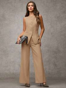 SHEIN BAE Women's Solid Color Round Neck Single-Breasted Vest And Pants Elegant Commuter Suit, Summer Fall Women Clothes Women Set Office Wear Business Casual Women Two Pieces Outfits Fall Women Office Wear Women Set Women Blazers Set