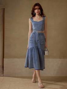 MOTF PREMIUM 水钻细节牛仔上衣和裙子两件套 - 藍色 - 查看 1