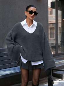 EURMUSE Áo len tay loe cổ chữ V sâu oversize thường ngày - Màu xám đen - Xem 6