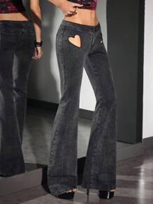 Jeanoix Women's Denim Super Low Rise Heart Cutout Flare Pants