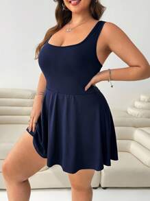 Solflare Plus Size Women's Sleeveless Romper, Solid Color Pockets,One Piece Outfit - Navy Blue - View 4