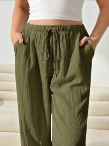 Solflare Pantalón cargo de mujer talla grande, holgado, tejido, en verde olivo