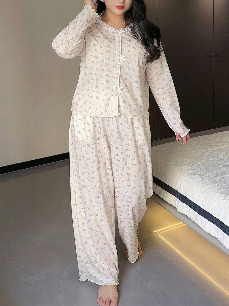 Dazy Plus Ditsy Floral Bow Decor Long Sleeve Top And Loose Pants Pajama Set