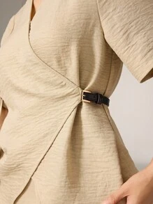 Heiryn V-Neck, Leather Waistband, Retro Style Flare Leg Floor Length Jumpsuit, Versatile Two Pieces Set For Commute