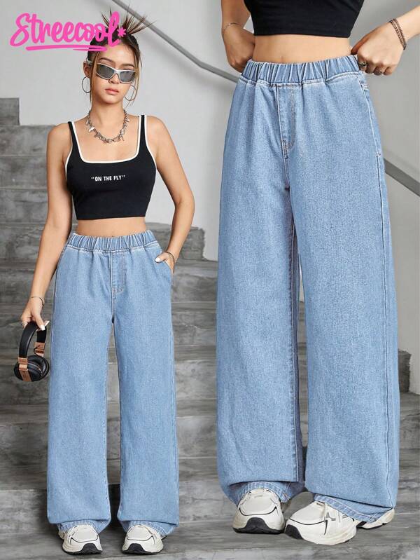 SHEIN Streecool Kids Blugi pentru adolescente, cu imprimeu Y2K, culoare uni, spălați, lejer, cu picior drept, stil stradal pentru întoarcerea la școală