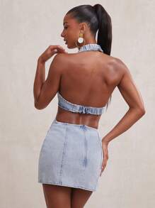 NYA SZN 牛仔深 V 露背夏季连衣裙度假特别活动西部音乐会音乐节优雅假期春假早午餐毕业典礼新娘婚礼宾客 - 淺色水洗藍 - 查看 2