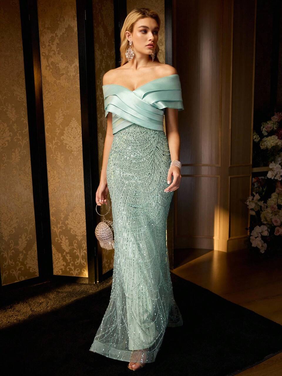 MOTF Soiréza OFF-SHOULDER CONTRAST SEQUIN EVENING DRESS