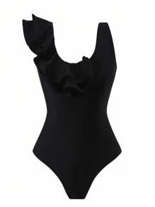Swim Oasis Conjunto de traje de baño de 2 piezas con parte superior y falda volada de capa doble de malla, en unicolor, de alta para primavera y verano