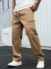 Manfinity Homme Quần Cargo cạp chun màu trơn đơn giản có túi nắp cho nam - Màu Khaki - Xem 8
