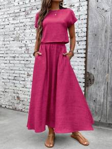 EMERY ROSE 2pcs/Set Women Vacation Casual Solid Color Shirt And Skirt - Hot Pink - View 6