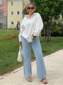 Jeta Ari 斜口袋休闲高腰阔腿牛仔裤 - 淺色水洗藍 - 查看 1