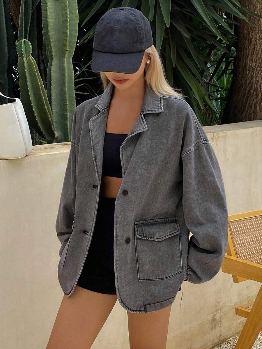 DAZY 女式翻领长袖大口袋牛仔夹克
